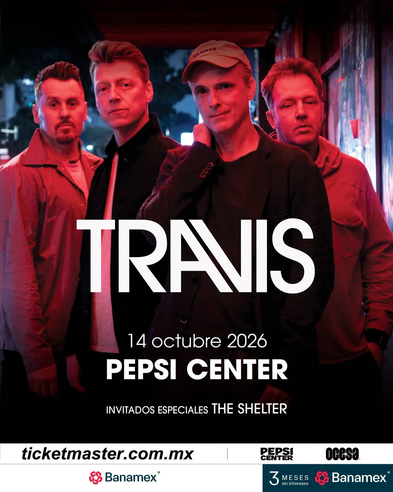 Cartel del concierto de Travis el 14 de octubre de 2026 en el Pepsi Center, con The Shelter como invitado especial